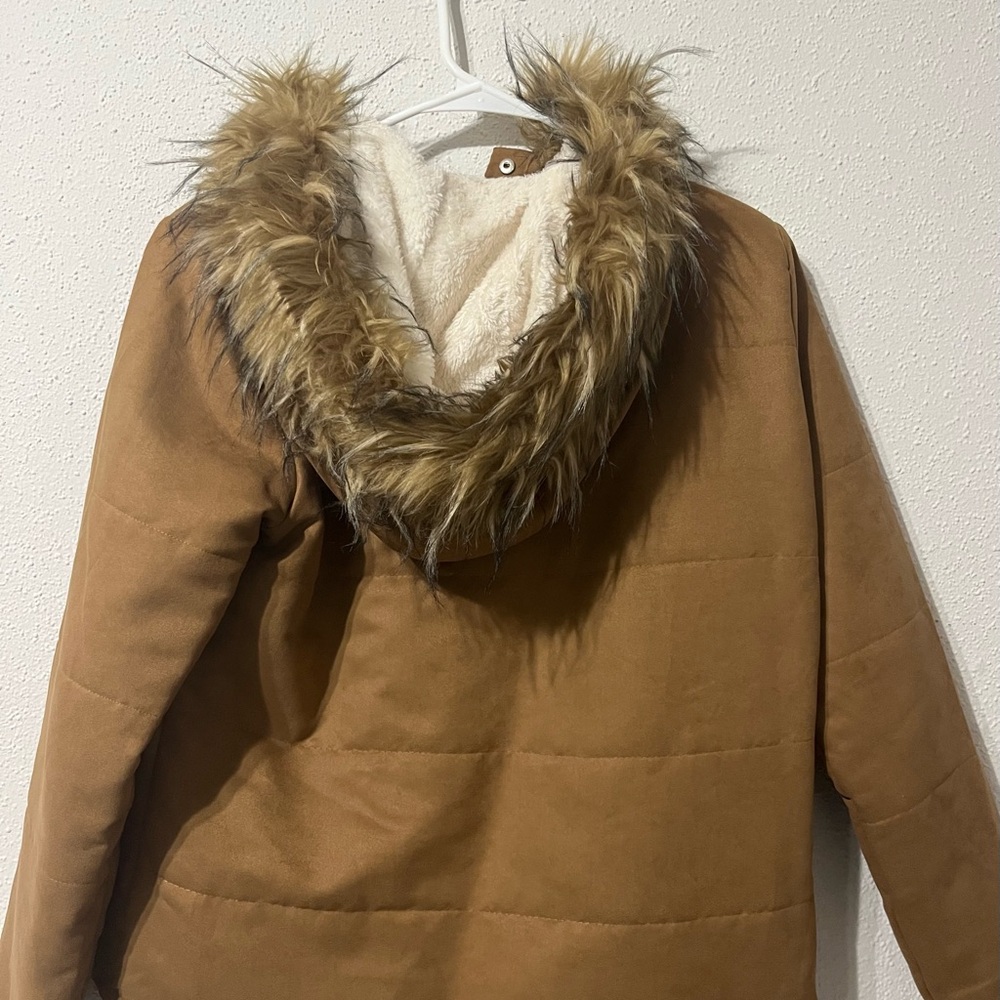 Women's Brown Quilted Jacket with Faux Fur Hood